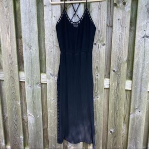 Black strappy sexy cutout crinkle maxi dress high side slit and cutouts